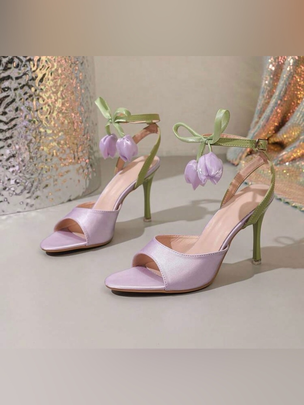 Elegant Lavender Satin Ankle-Tie Heels with Floral Charm